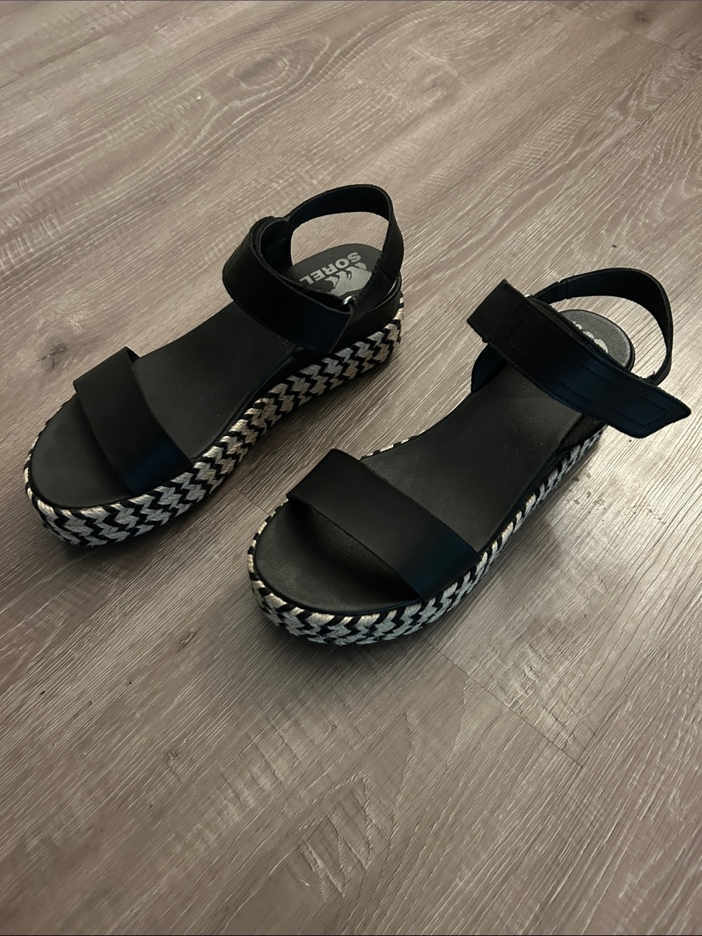 Sorel Black Platform Sandals with Braided Contrast